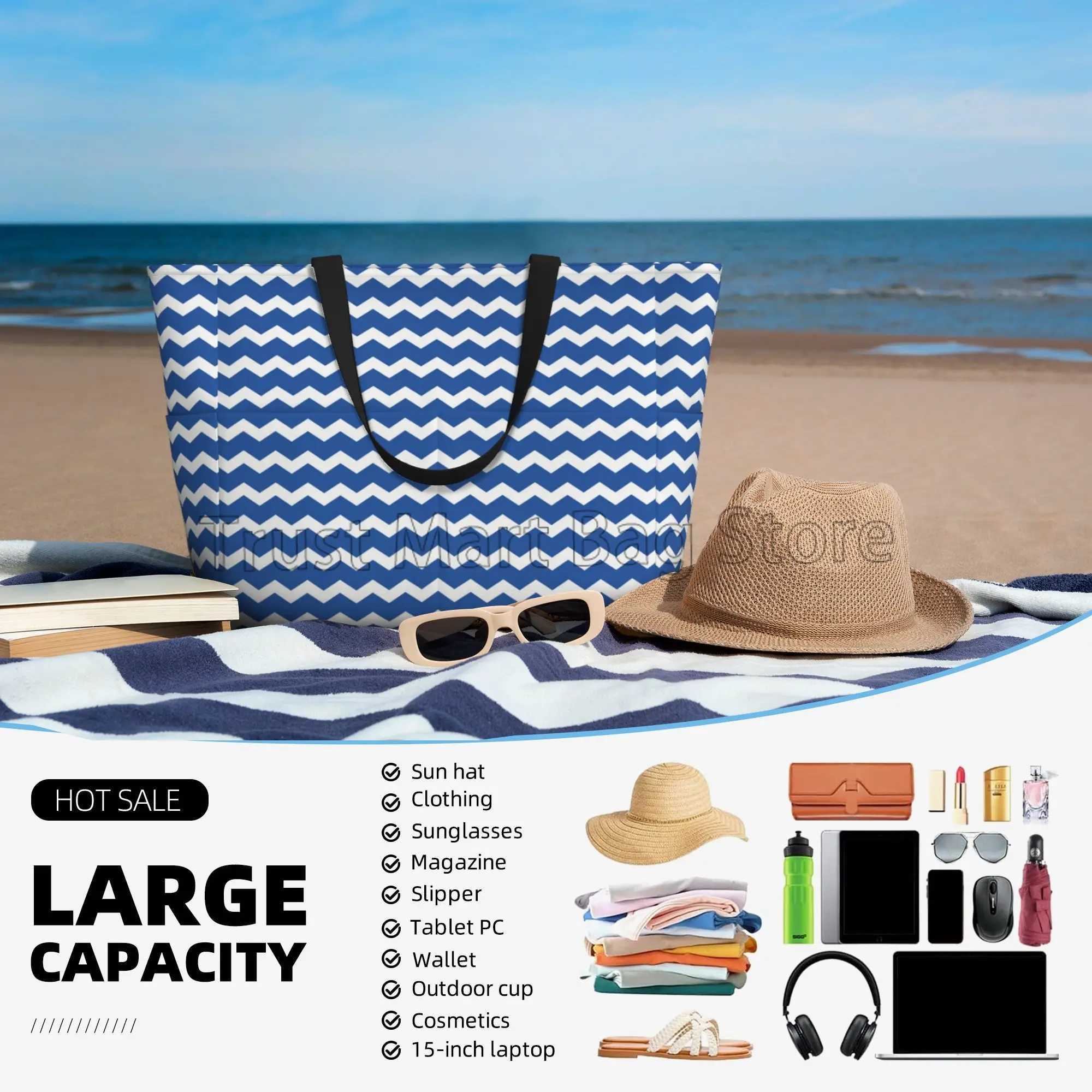 Blue Stripes Large Waterproof Beach Bag for Women Sandproof Tote Bag Pool Bag with Zipper and Pockets for Travel Vacation Gym W250618