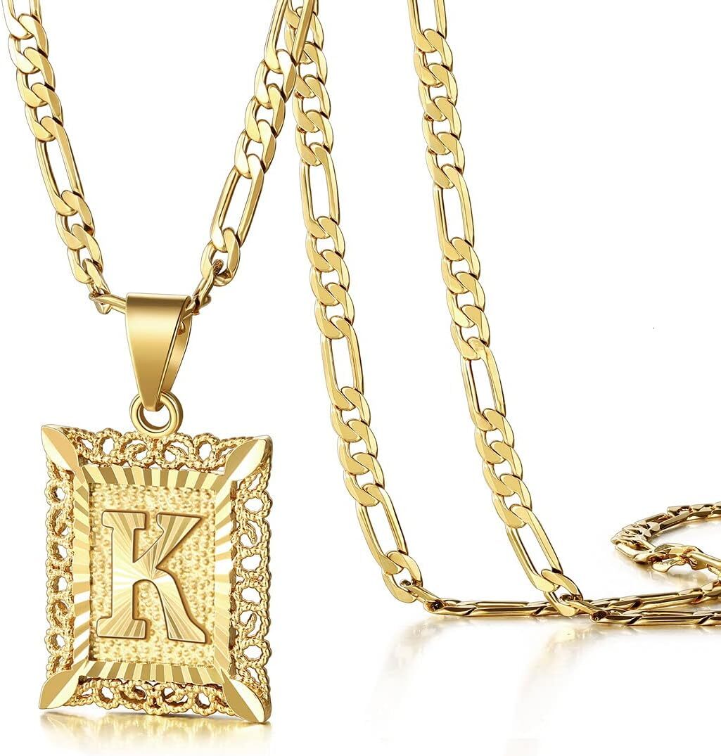 Luxury Unisex Initial Pendant Necklace 18K Gold Plated Square Capital Letter Interwoven Design A-Z Alphabet Charms on Premium Figaro Chain