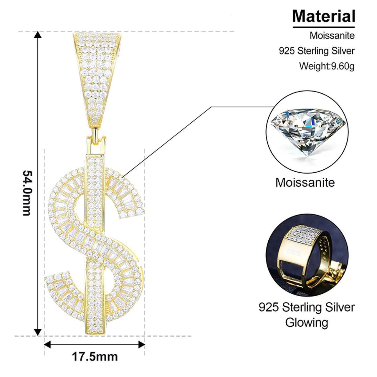 Solid 925 Silver Hip Hop Style Moissanite Pendants Charms New Design Blinged Baguette Dollar Sign Pendant Chain Necklace Comes