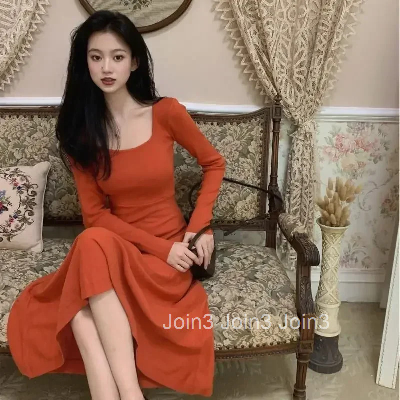 Korean Style Midi Dresses for Women A Line Thic Xxl Aesthetic Trendy Sensual Sexy Elegant and Pretty Y2k Woman Long Sleeve Dress