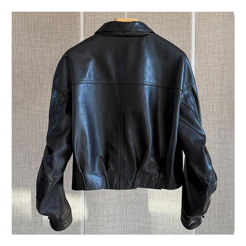 Small leather jacket, short jacket, new year, spring and autumn design, retro style, lapel PU leather motorcycle jacket