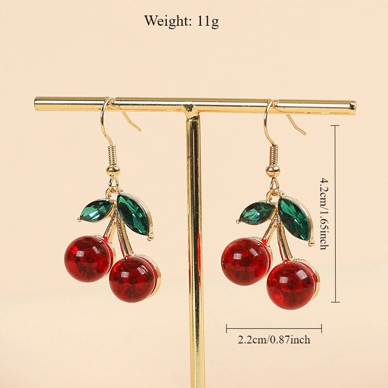 Green leaves red cherries high-end and versatile niche cherry earrings fresh and sweet style 250617