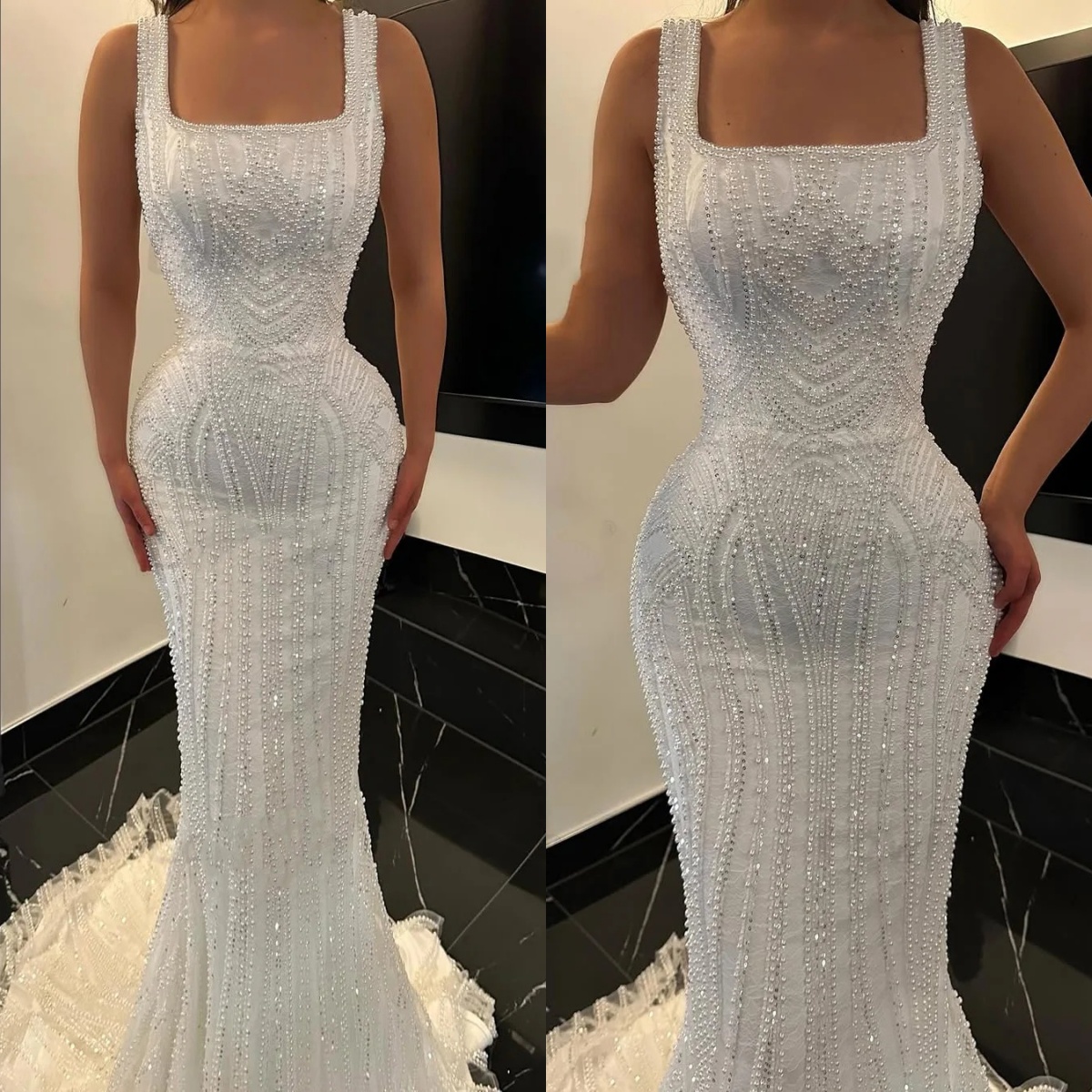 Vintage Mermaid Wedding Dress Square Neck Sleeveless Bridal Gowns Beaded Sequins Sweep Train Dresses Custom Made vestidos de novia