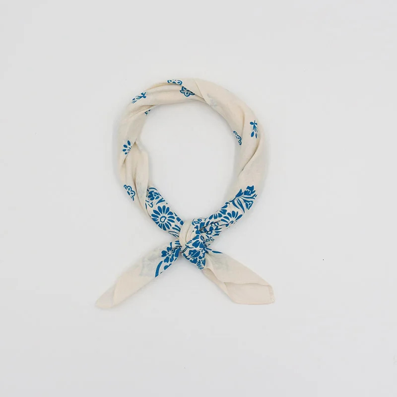 Ivory White Printed Blue Floral Bandana Girl Headscarf Headband Neckerchief Headwear Square Scarf 250617