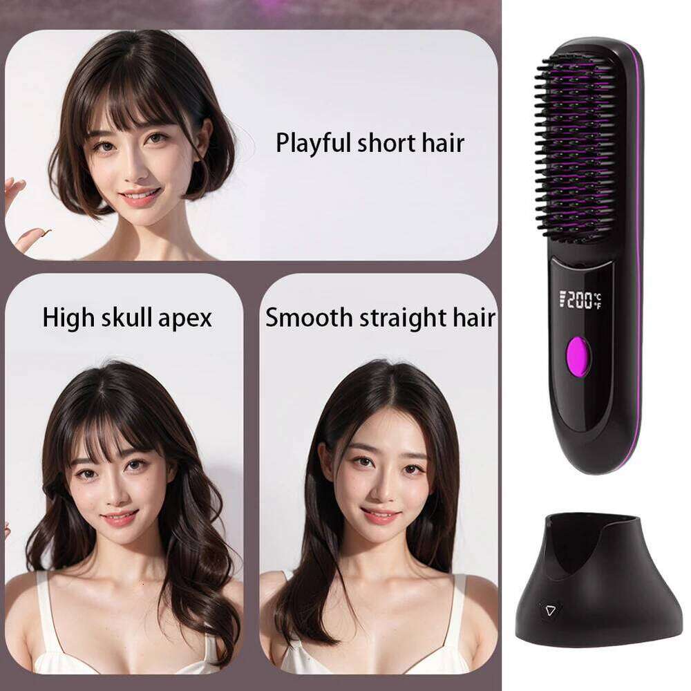 Cordless Ceramic Heated Hot Brush Rechargeable Travel Straightener Portable Straightening Comb for Smooth Frizz-Free Hair