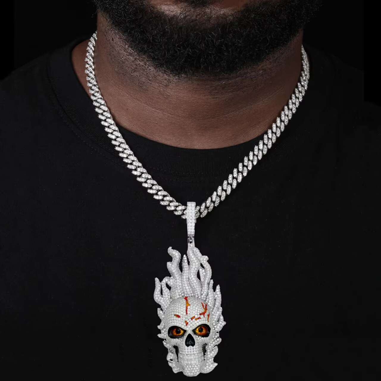 New Arrival 925 Solid Iced Out Moissanite Fire Skull Pendant Necklace Hip Hop Style Stylish and Unique