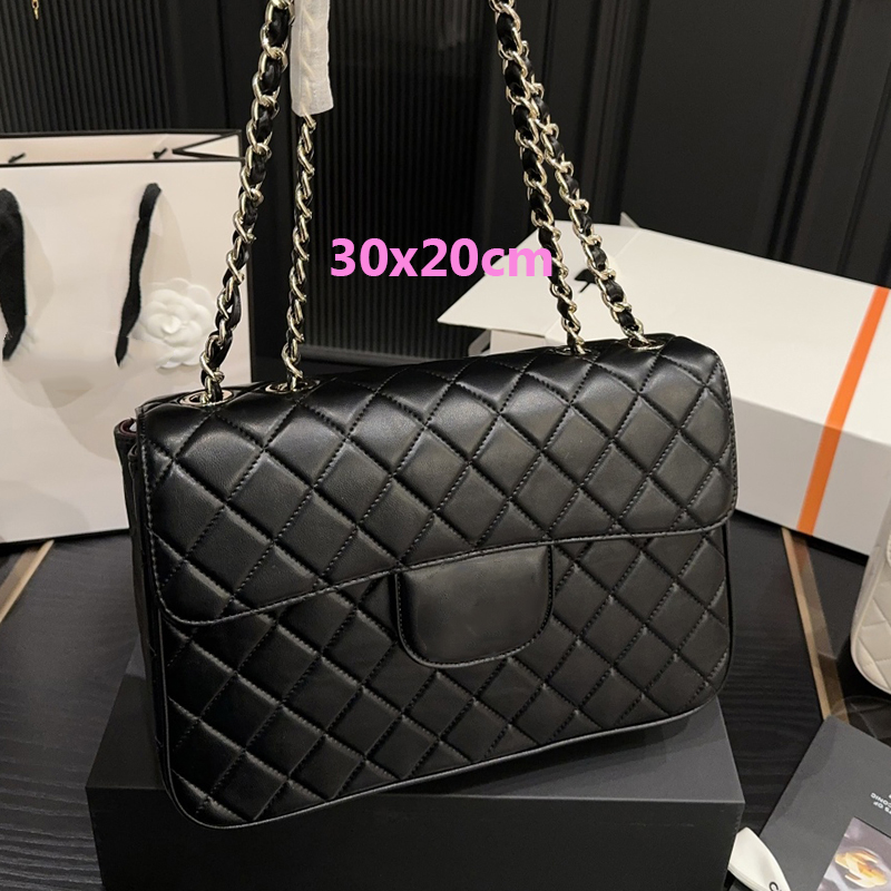 Womens Vintage Calfskin/Lambskin Jumbo Classic Flap Quilted Bags Gold metal Hardware Matelasse Chain Crossbody Shoulder Purse With Back Pouch Handbag 30cm/32X20CM