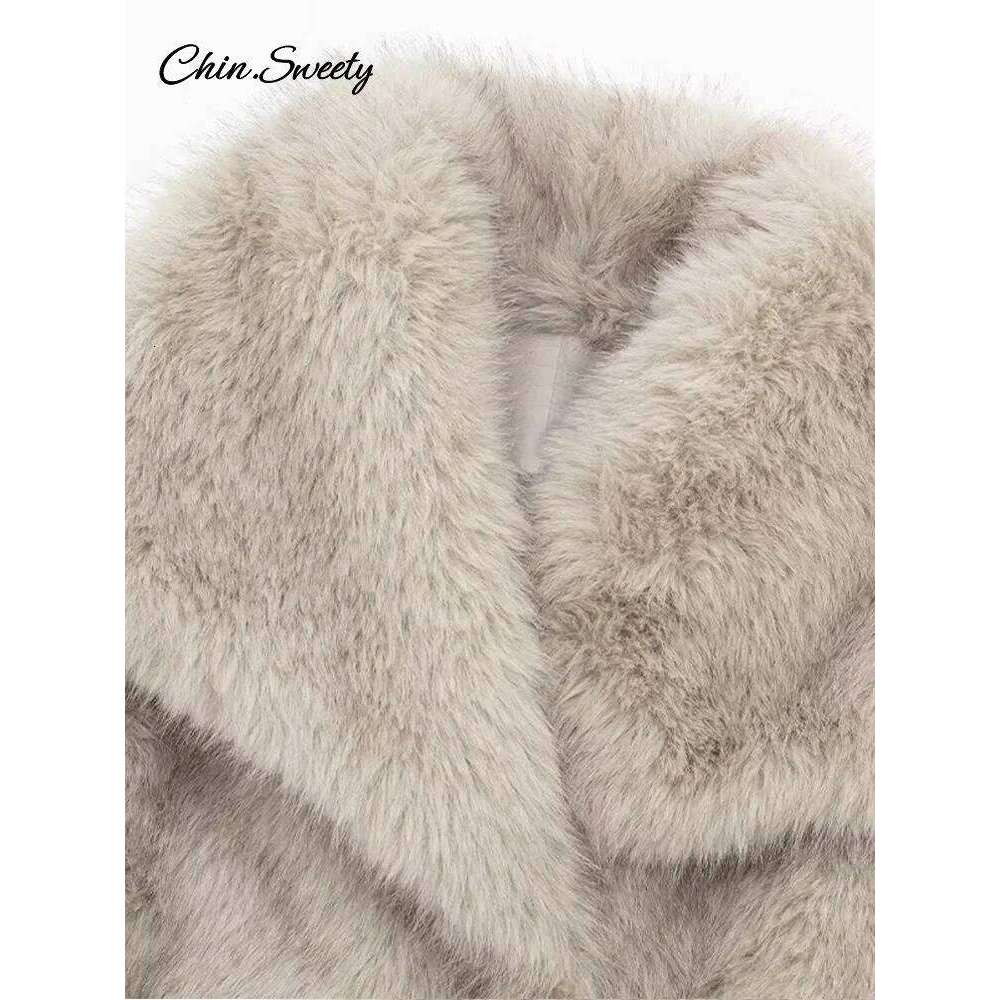 Winter Gradient Faux Coat Women Big Fur Collar Pockets Loose Jacket Female 2024 Fashion Lady High Street Overcoats