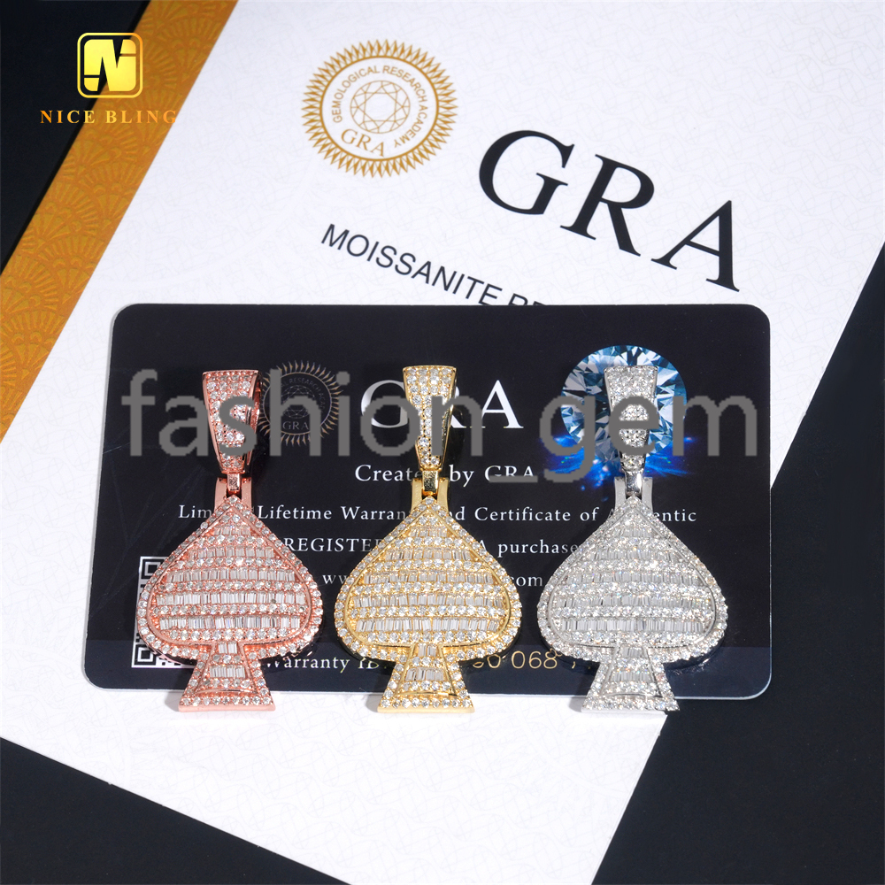 Lucky Charm Fortune Health Spade Pendant Ready Stock Baguette Moissanite Pendant Hip Hop Iced Out Pendant Birthday Gift