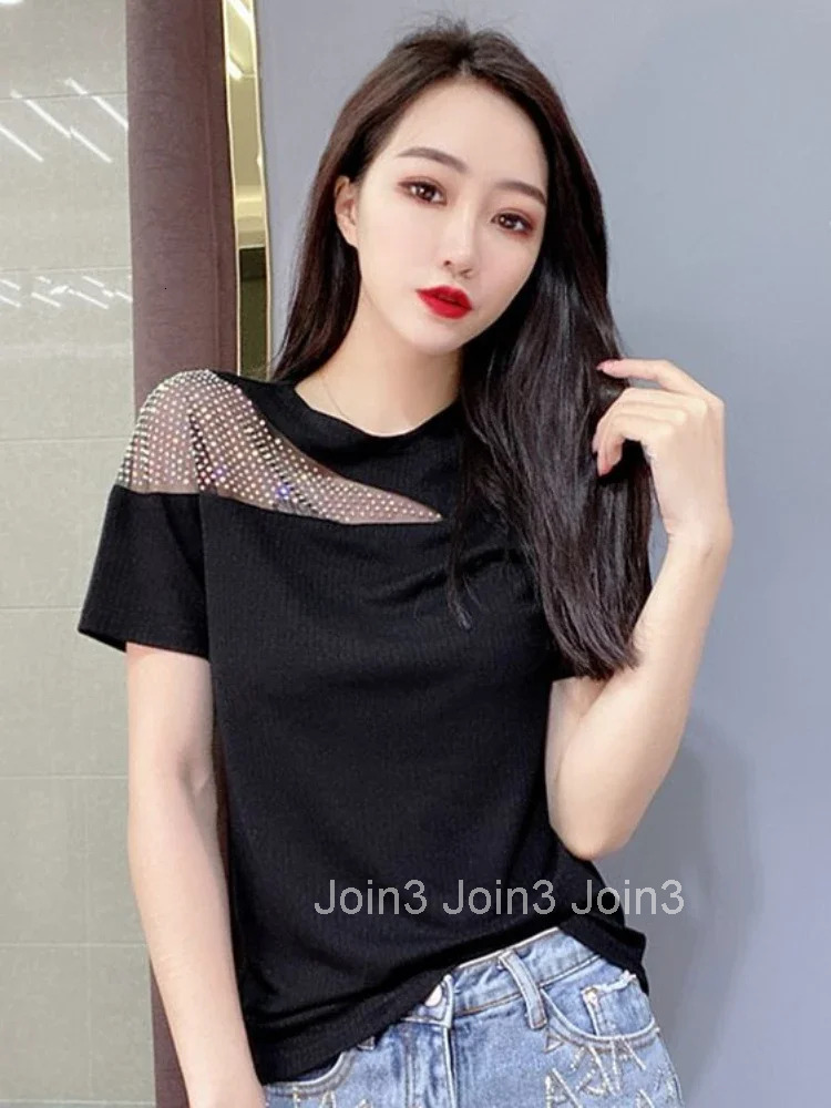 Womens T-shirt Rhinestone Summer Outfit Glitter Sequin Top Female Baggy Short Sleeve Plain Y2k Clothes Korean Popular Elegant