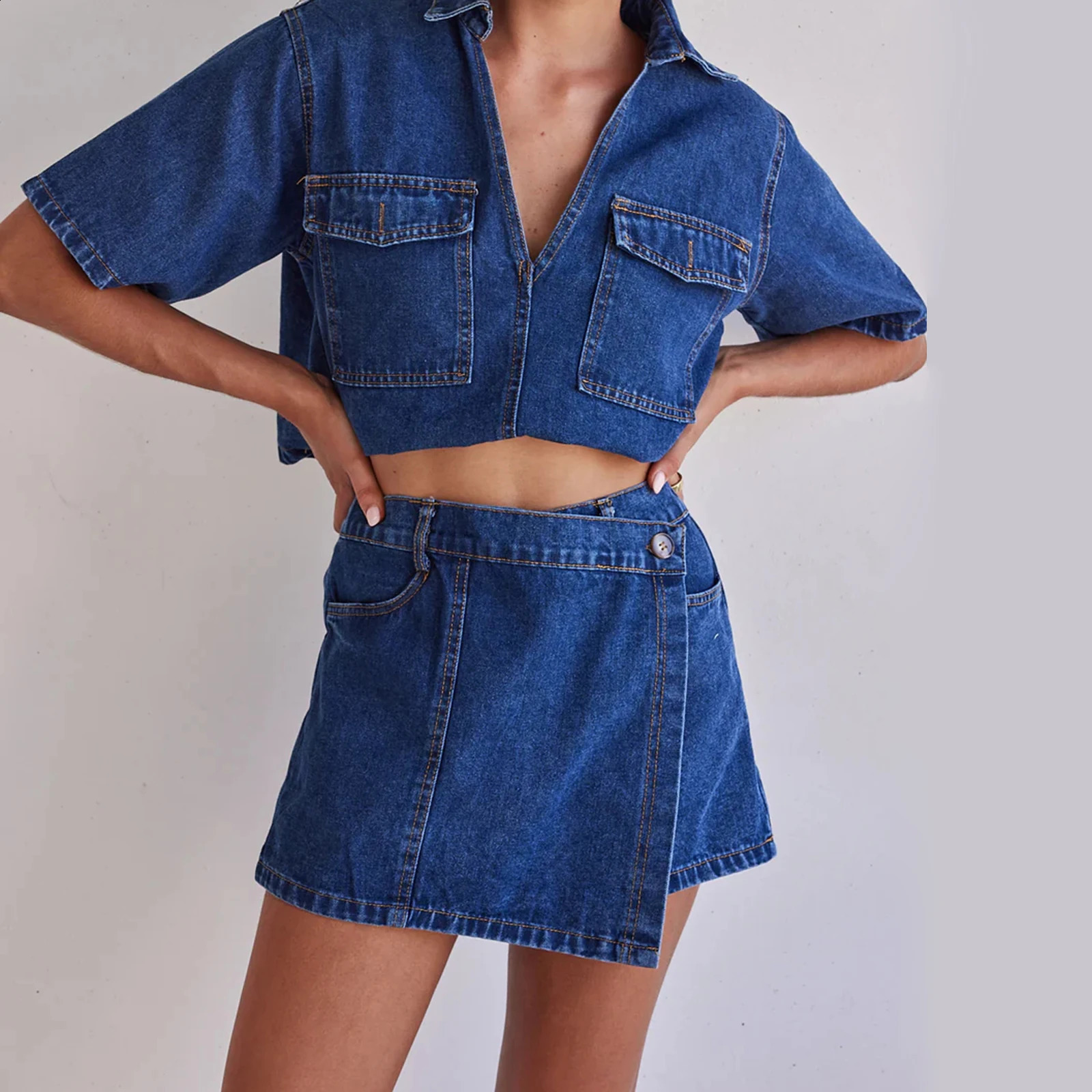 Womens 2 Piece Denim Outfits Y2k Vintage Short Sleeve Lapel Jean Tops and Asymmetrical Shorts Matching Set Streetwear 250614