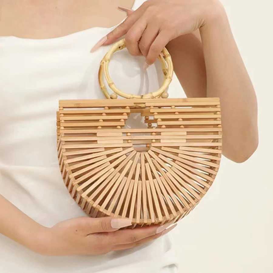 Vintage Half Round Bamboo Beach Handbags Women 2023 Summer Hollow Out Round Acrylic Handle Woven High Quality Holiday Z250618