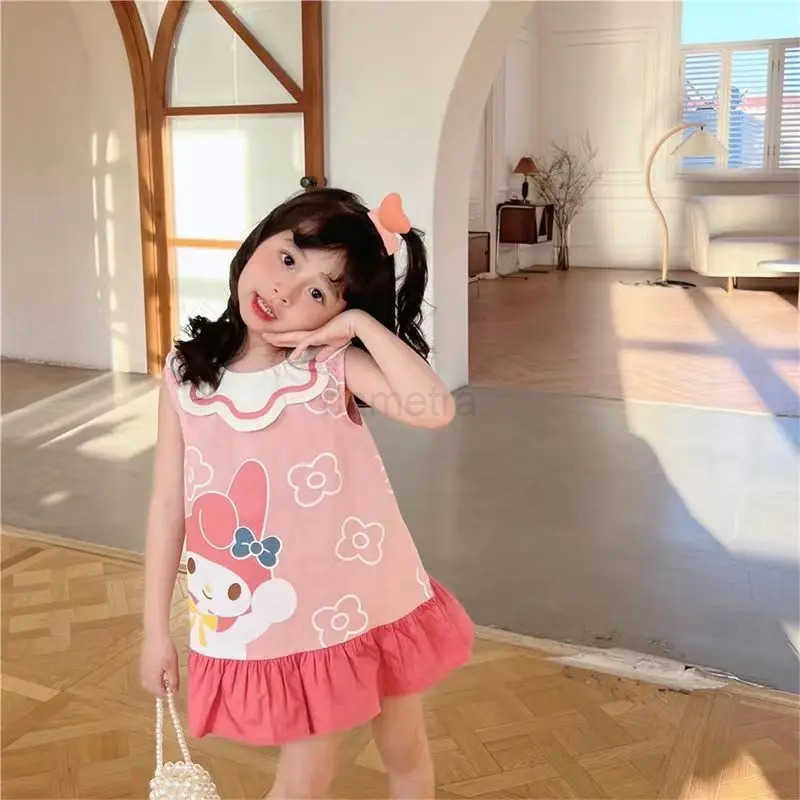 Sanrio Girls Princess Dress Children Cartoon My Melody Hello Kitty Petal Collar Dresses 2025 Summer Kids Sweet Cute Vest Skirt ClothesXJ250618