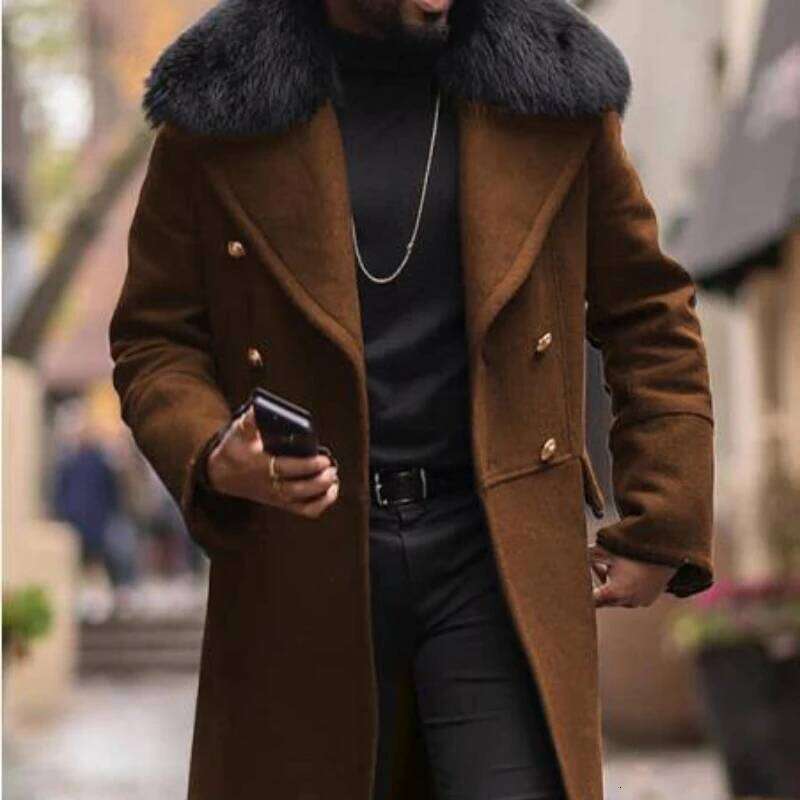 Men's Casual Wool Solid Color Slim Fit Double Row Button Brown Side Pocket Jacket Korean Coat Men