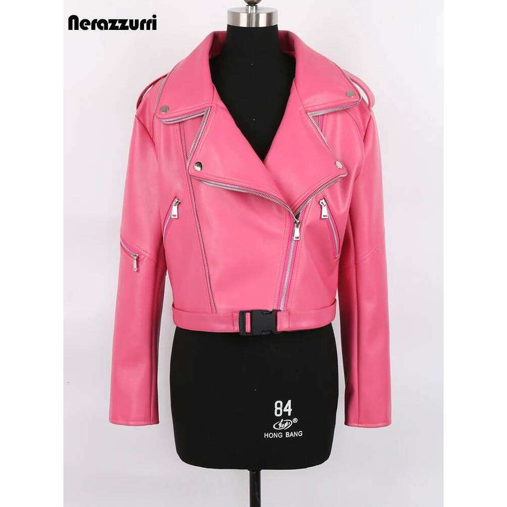 Nerazzurri Spring Autumn Colored Green Black Short Leather Biker Jacket Women Zipper Cool Designer Clothes Fashion 2022