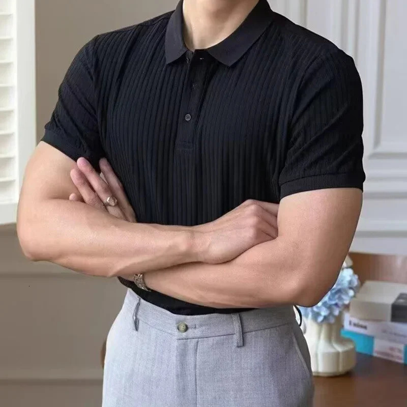 Male Casual Vintage Comfortable Lapel T-shirt Knitted Top 2025 Summer Men Trendy Striped Solid Color Short Sleeve Polo Shirt 250617