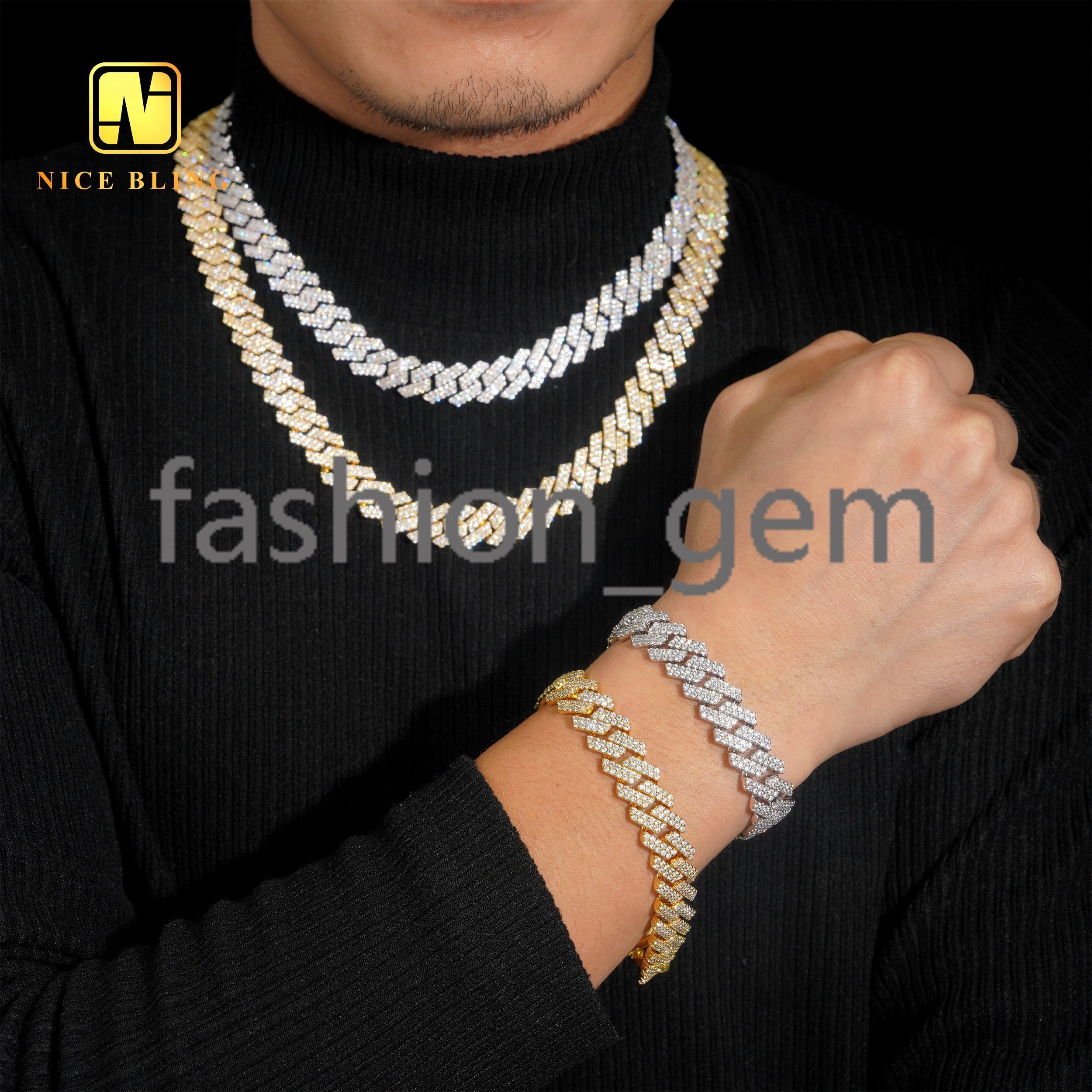 13mm Iced Out Miami Cuban Link Chain Men Wholesale Brass Cuban Necklace Bracelets moissanite moissaniteia Hip Hop Chains