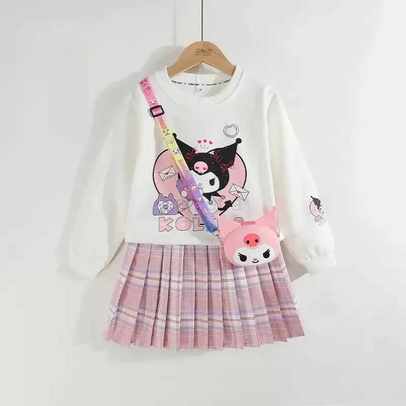 Sanrio Anime Sanrio Children Clothes Kids Set Kuromi Long Sleeve Sweater Tops Checkered Pleated Skirt Girls Festival Clothing Gift XJ250618