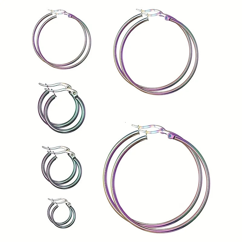 6 Pairs Fashion Simple Colorful Stainless Steel Hoop Earrings for Women Men Big Small Circle Round Ear Jewelry Size 10-40mm 250603