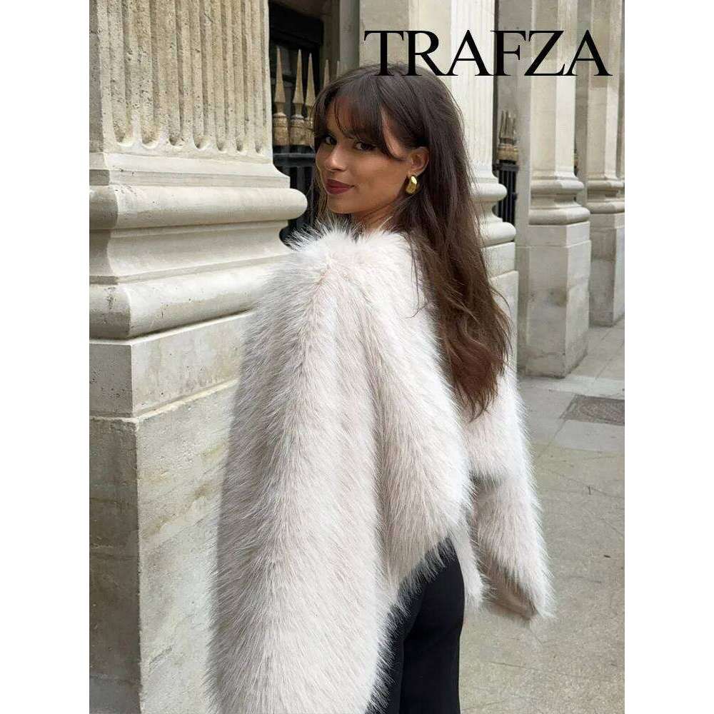 TRAFZA Women Winter Fashion O-Neck Long Sleeve Casual Loose Top Female Warm Faux Fur Pullover Sweatshirts Streetwear 2 Color