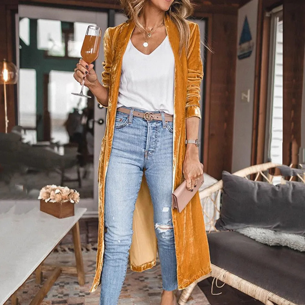 AutumnWinter Street Trendy Womens Loose Gold Velvet Stretch Long Coat Solid Elegant Office Lady Party X-LONG Cardigan Jacket 250617