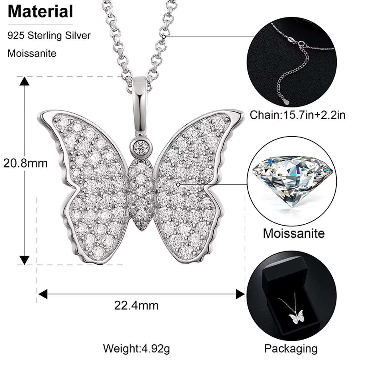 Luxury Womens 925 Iced Blinged Moissanite Necklace Elegant Butterfly Pendant Solid Casual Fashion Jewelry New Design