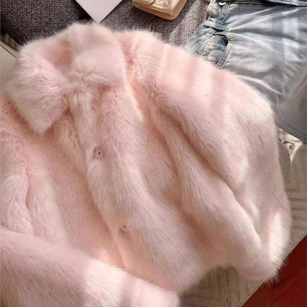 Winter CUTE Pink Turn down Lapel Hairy Shaggy Faux Fur Coat Women Covered Buttons Full Sleeve Furry Warm Jacket Short Outerwear