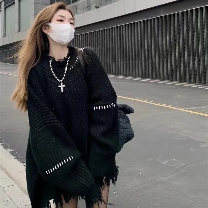Black Loose Oversize Tassel Spliced Long Knitted Sweater Women Autumn Winter Patchwork Y2K Punk Gothic Sweater Knitwear Pullover 250614