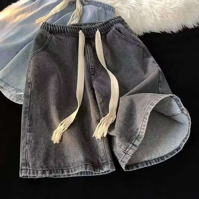Men's Casual Thin Five-Point Denim Shorts, Vintage American Style Drawstring Loose Fit Straight Leg Summer Shorts