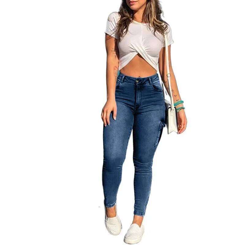 Wear Slim Fit Women's Workwear Pants Jeans Capri Sexy Trendy New Style High Waist Straight Leg Blue Denim Trousers