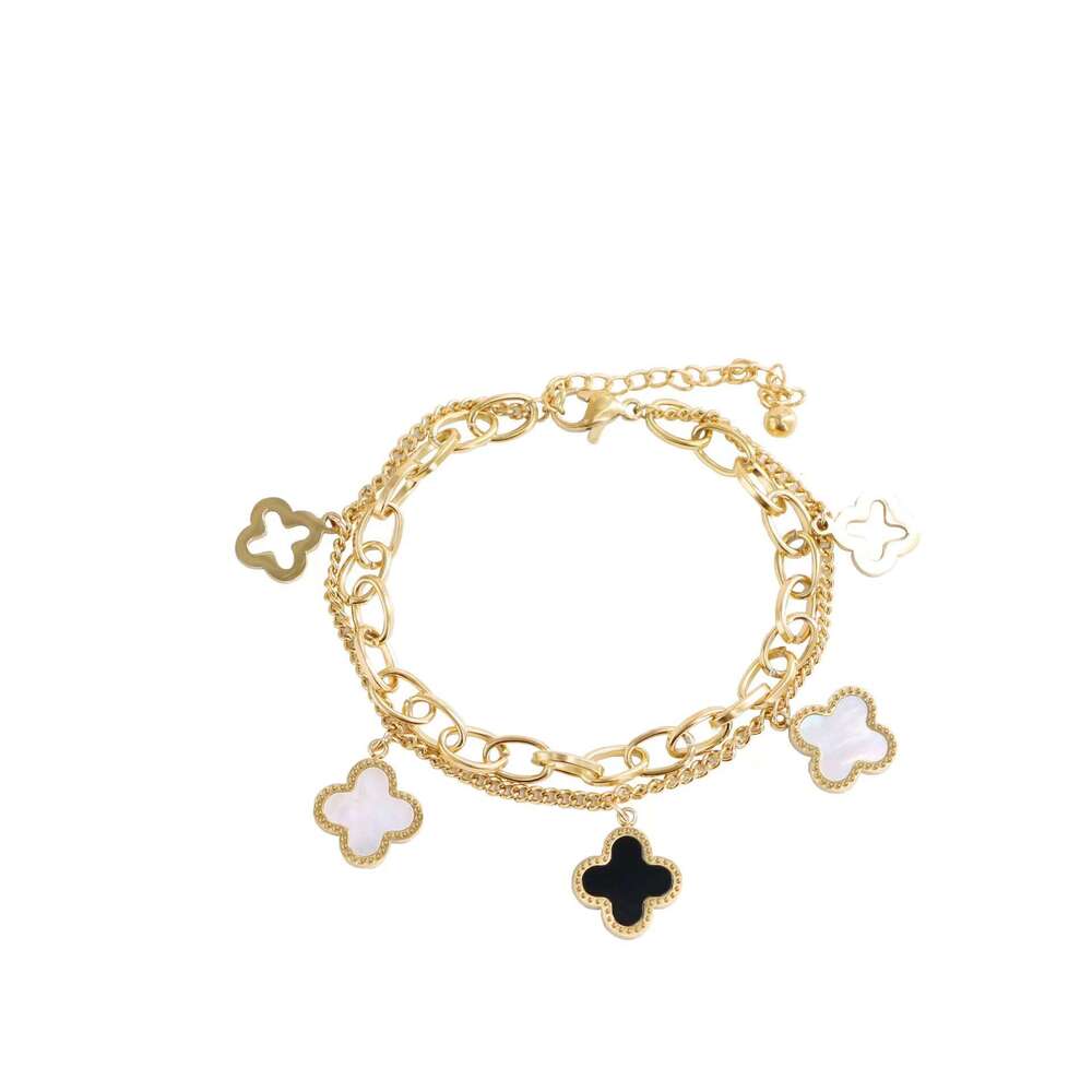 Korean Style Fashion Black and White Shell Double Layer Four-Leaf Flower Titanium Steel Bracelet Classic Versatile Wristband Qixi Festival Gift Access