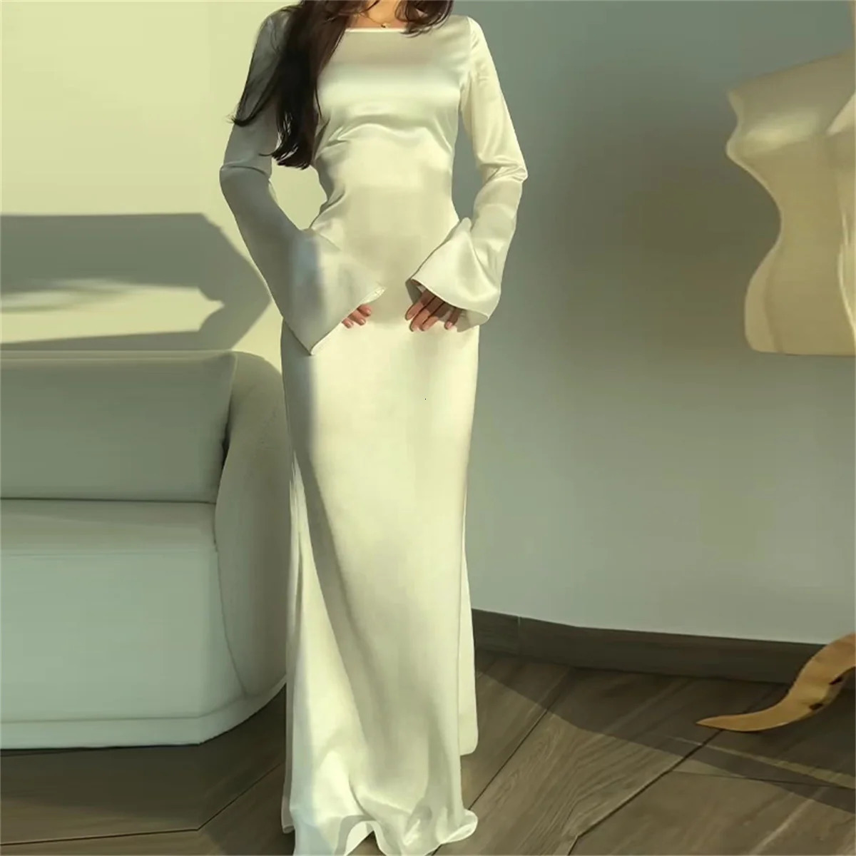 Womens Maxi Dress Silk Long Round Neck Satin Flare Sleeve Lace Up Slim Skirt Evening Party Dresses Sexy Chic Robes 250617