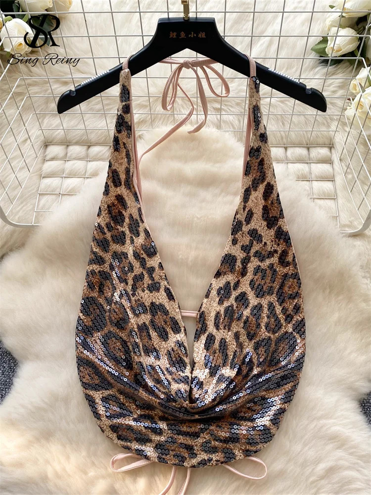 SINGREINY Fashion Clubwear Sexy Two Pieces Suits Halter Backless Mini TopBodycon Short Skirt Female Sequins Leopard Sets 250617