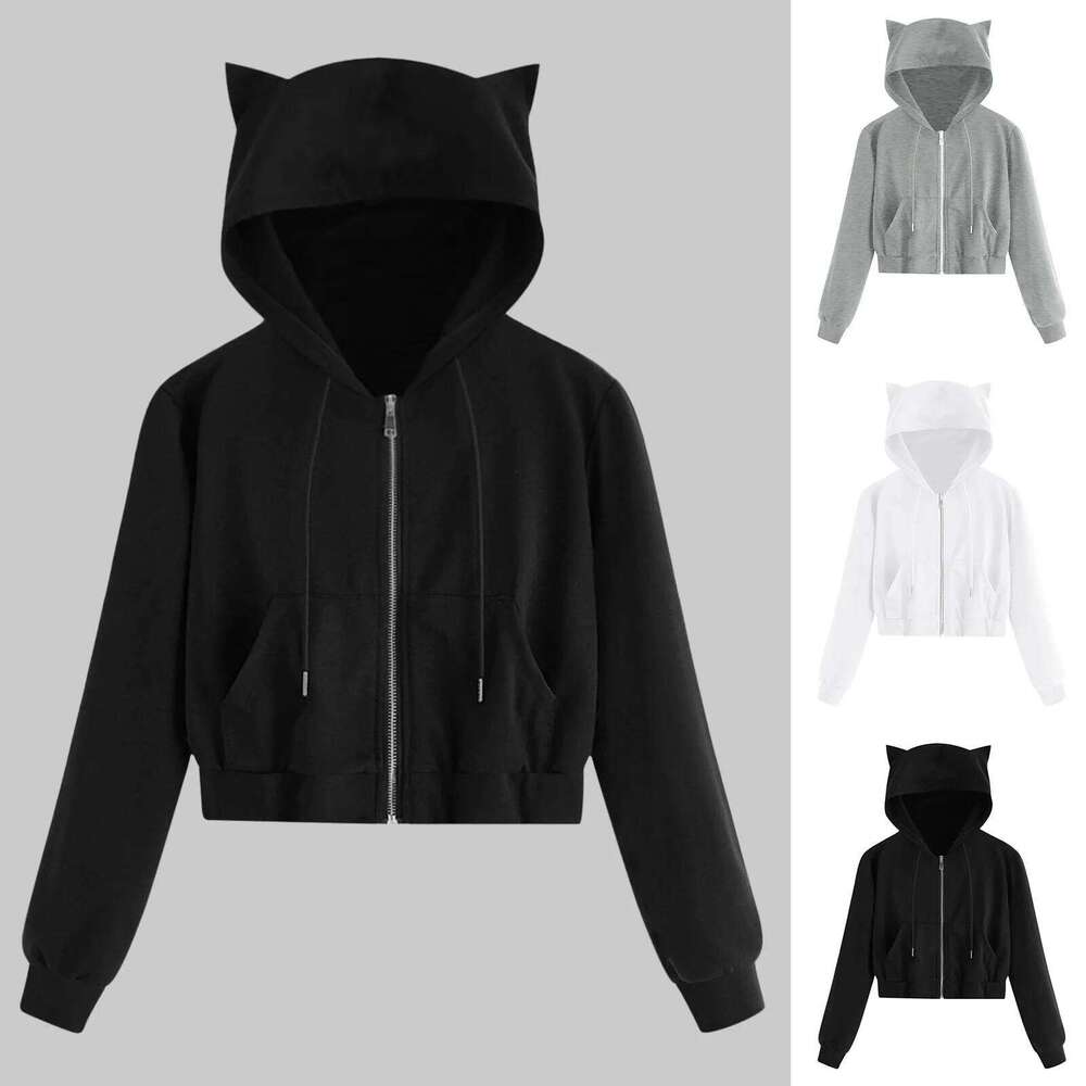 Women's Short-Cropped Hoodie with Cute Bunny Ear Details & Practical Zippered Side Pocket