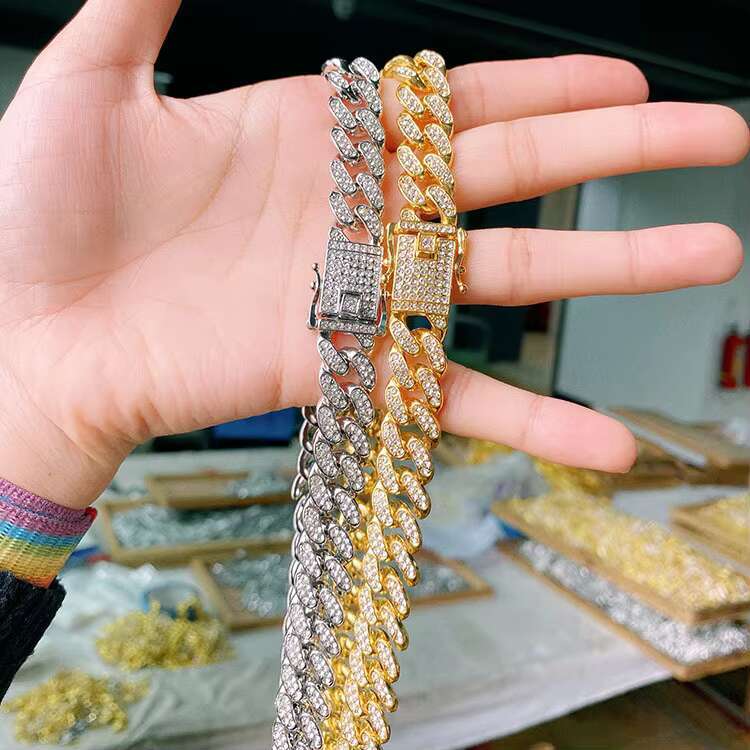 Mens Iced Out Miami Cuban Necklace - Hip Hop Rapper Bling Cuban Link Chain with Rhinestones Gold and Silver Plated Heavy Chain