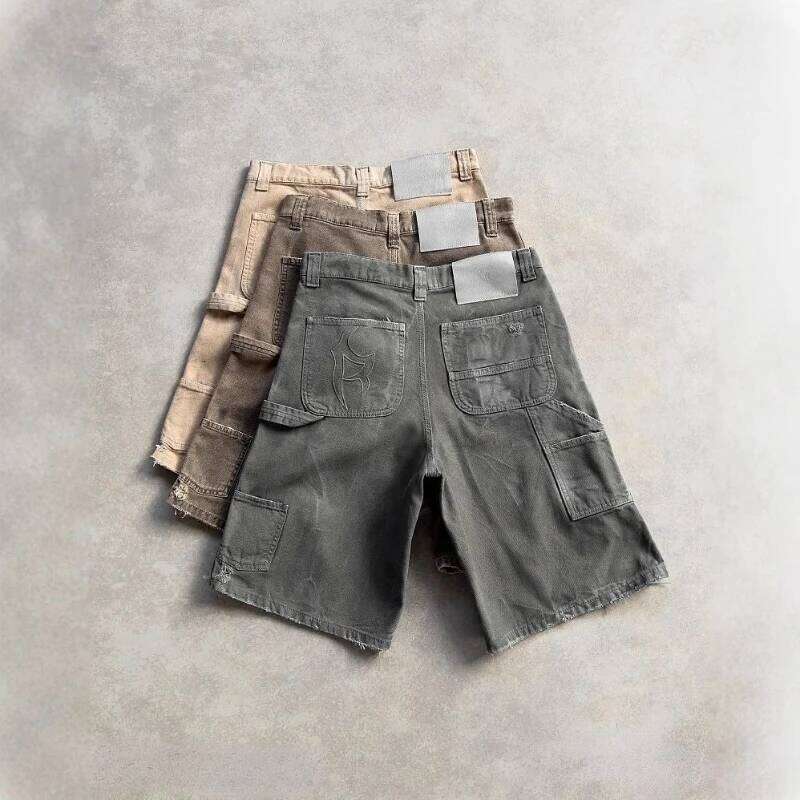 Wear Deeptown Y2k Vintage Washed Women Short Cargo Jeans Haruku Hole American Style Wide Leg Man Jorts Baggy Hip Hop Streetwear