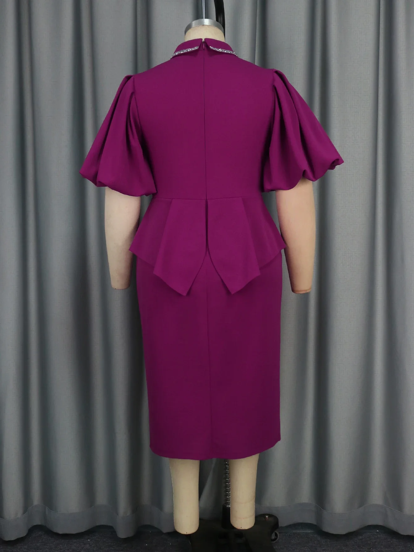 Purple Turn Down Collar Midi Dresses Women's Short Puff Sleeve Peplum Party Evening Event Slim Fit