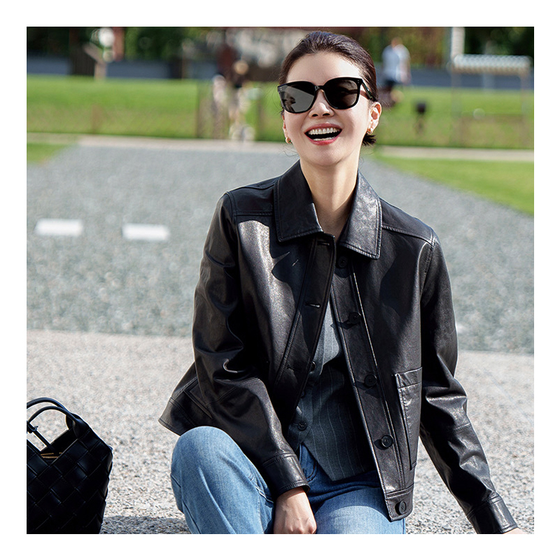 Sheepskin genuine leather jacket for women, slim and casual, lambskin retro leather jacket, short jacket
