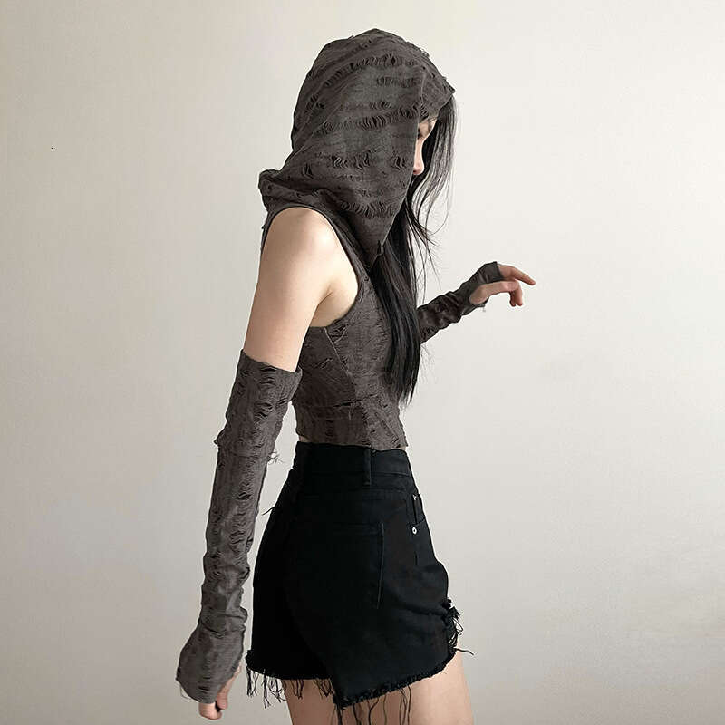 Summer New Women's Solid Color Slim Fit Crop Top Street Fashion Hooded Sleeveless Vest B5