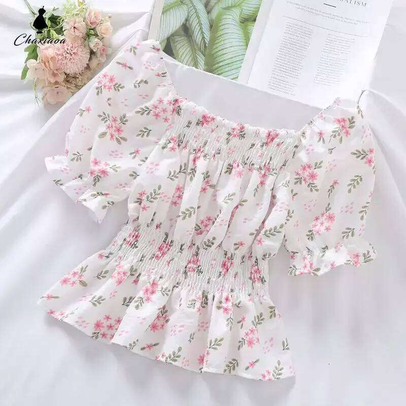 Sweet Broken Flower Slash Neck Women Blouse Agaric Edge Pleat Design Slim Elastic Waist Cropped Top Cute Chiffon T-Shirt Summer