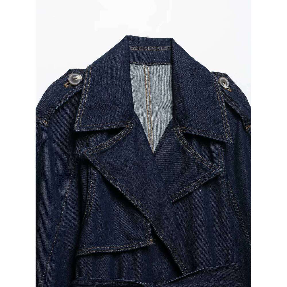 Spring 2025 New Women's Clothing European American Style Blue Waistband Short And Wide Design Denim Trench Coat