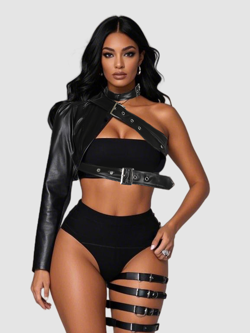 2025 Black Punk Single Shoulder PU Leather Coat Rock Dance Versatile Irregular European and American