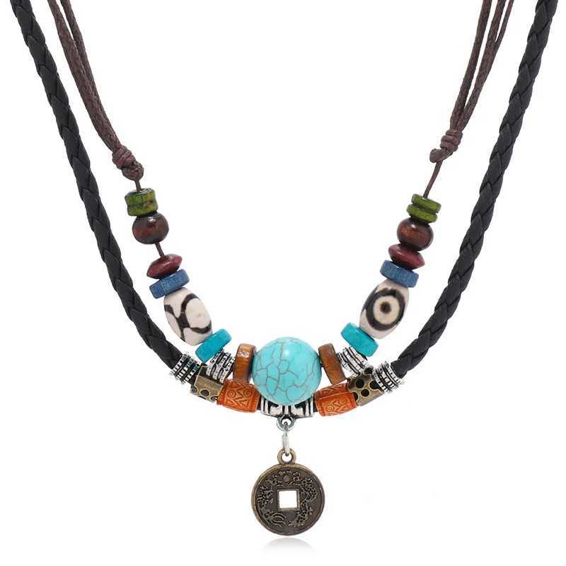 Mole Goth Mti-layer Vintage Coin Pendant Leather Beaded Weaved Prayer Necklace Fashion Jewelry GiftsC250617