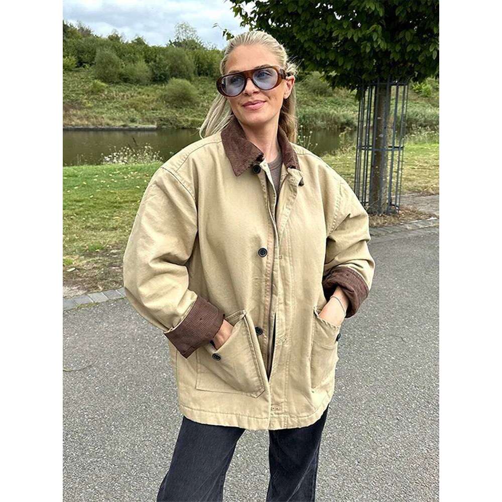 Contrast Lapel Women's Jackets Casual Long Sleeve Zipper Pocket Female Coats Autumn Winter Fashion Lady Streetwear Outwears