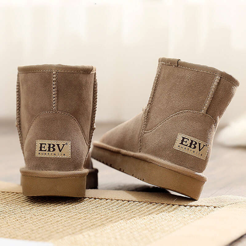 EBV Cowhide Snow for Women, Short Boots, Sheepskin Integrated, Versatile Women's Cotton Shoes, Leather Boots with Fleece and Thickened