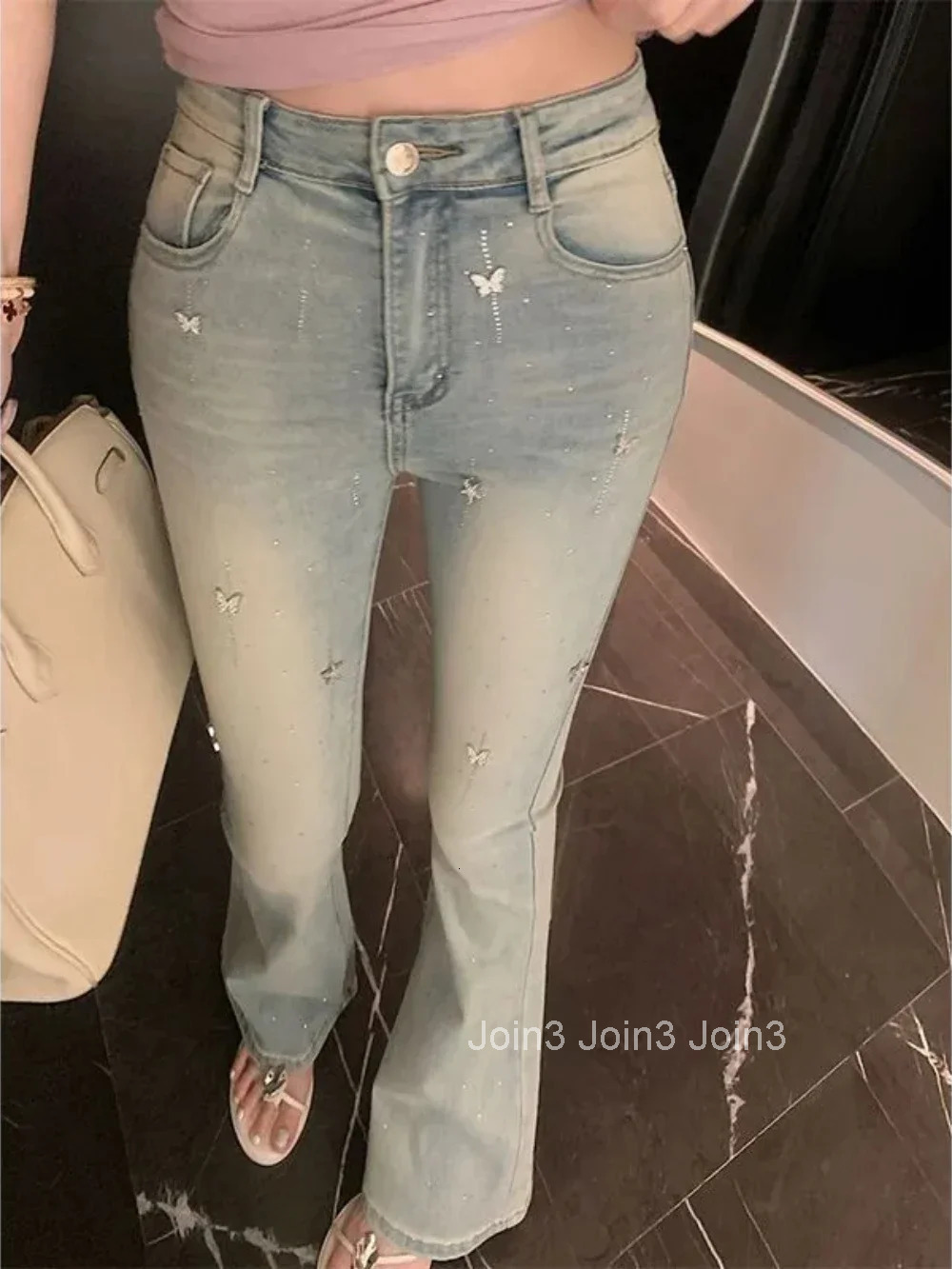 High Waist Female Cowboy Pants with Rhinestones Womens Jeans Stylish Baggy Clothes Medium Wash Emo South Korea on Sale Trousers