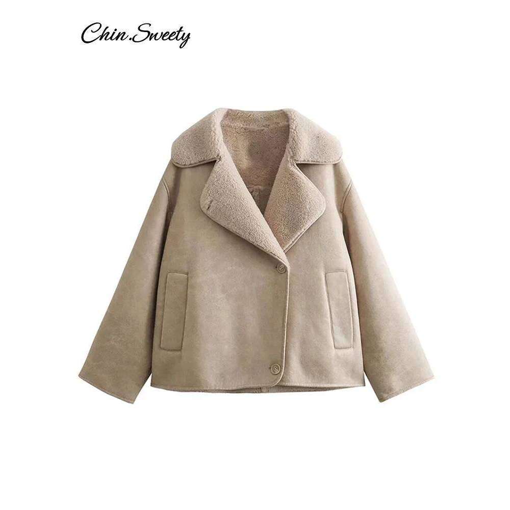 Vintage Women's Leather Loose Thick Warm Lapel Single Breasted Long Sleeve Fleece Jacket 2024 Fall Winter Street Outwear