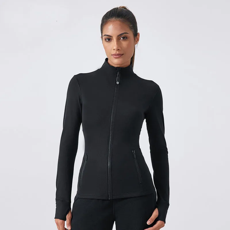 Stretch Gold Zipper Yoga Jacket Stand Up Collar Yogo Clothes Long-Sleeve Thumb Hole Training Running Sweateshirt Women Slim Fitness Coat Sports Outfit