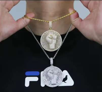 Luxury Streetwear Style for Him: Glittering 3D 'Power Fist' Design Engrailed Pendant
