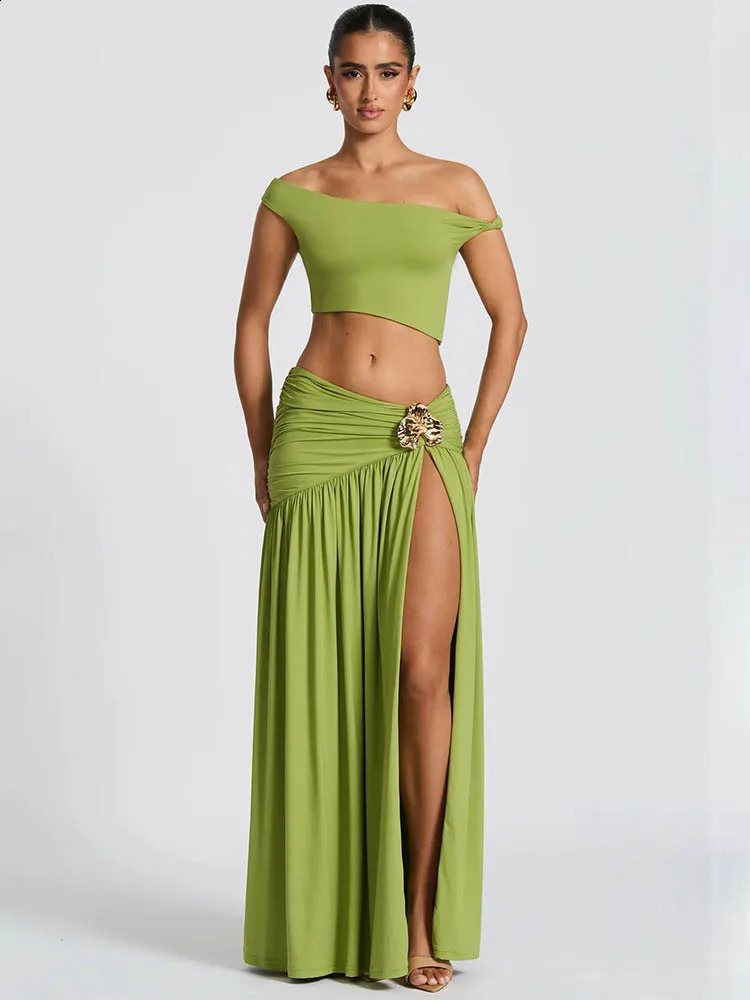 Mozision Elegant Dress Set Women Skew Collar Crop Top And Split Skirt Matching Set Fashion Backless Pleated Skirt Two Piece Set 250617